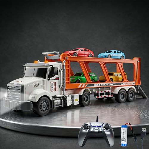 Image of VikriDA RC Transporter Truck Toy with 4 Mini Cars - 14 inch Remote Control Semi Trailer, Lights & 2 Rechargeable Batteries, Fun Carrier Truck for Kids