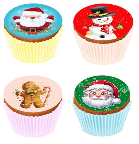 Kardasis Décorations comestibles Cupcake de Noël | Disques en sucre pour muffins et gâteaux | Décoration de cupcake pour la fête avec Père Noël & Bonhomme de neige | Ø 5,3 cm + 12 pièces