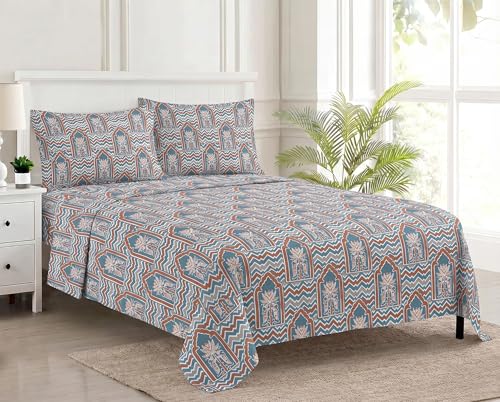Trance Home Linen 100% Cotton 144TC Bedsheet | King Size Printed Flat Bedsheet with 2 Pillow Covers (King 108x108 inch, Mihrab Blue)