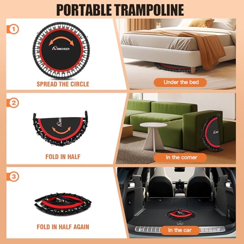 Image of ANCHEER 40 inch /48 inch Foldable Mini Trampoline,Max Load 450lbs /550lbs Indoor Trampoline,with 4 Level Adjustable Foam Handle and Resistance Bands,Adult Exercise Trampoline for Home, Garden, and Gym