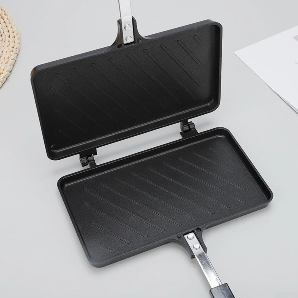 Poêle à sandwich double face anti-adhésive en acier noir à chaleur rapide pour gaufres, steaks, œufs au plat et cuisine en plein air 37 x 24 x 4 cm