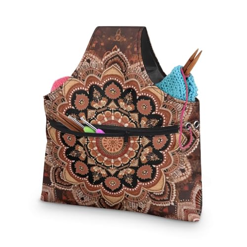 Image of ZUXONGSY Mandala Flower Crochet Yarn Bag for Women Retro Floral Knitting Tote Bag for on The Go Travel Portable Knitting Project HanbBag for Crochet Hooks