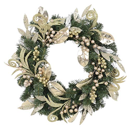 60cm Pre-Lit Christmas Wreath Gold Silver Leaves Berries Pine Foliage Indoor Outdoor Battery Operated