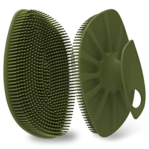 HieerBus Silicone Body Scrubber Flat Shower Brush Gentle Exfoliating and and Massage,Lathers Well and More Hygienic Than Traditional Loofah 1 Pack (Army Green)