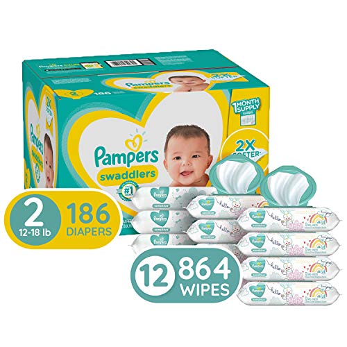 Diapers Size 2, 186 Count and Baby Wipes - Pampers Swaddlers Disposable Baby Diapers, ONE Month Supply with Pampers Sensitive Water Baby Wipes, 12X Pop-Top Packs, 864 Count