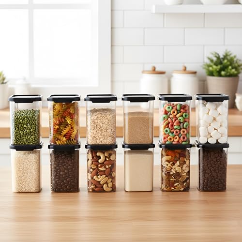 Image of Plastic Airtight Containers Set For Kitchen Storage And Containers Box For Pantry Organization And Container (1100ml, Black And Transparent) Set of 12