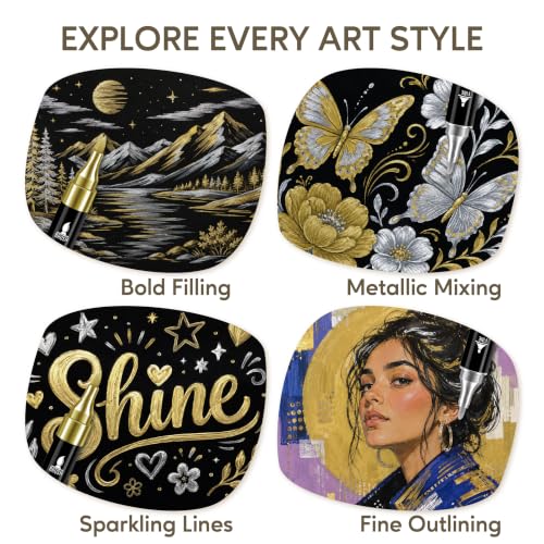 Image of Pagather Gold and Silver Acrylic Paint Markers, Dual Tip with Fine Tip and Brush Tip Pens for Fabric, Stone, Wood, Canvas, Ceramic, Metal, Glass, Rock Painting, DIY Crafts