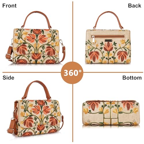 Image of Floral Embroidered Crossbody Sling Bag with Top Handle, Vintage Style Canvas for Women