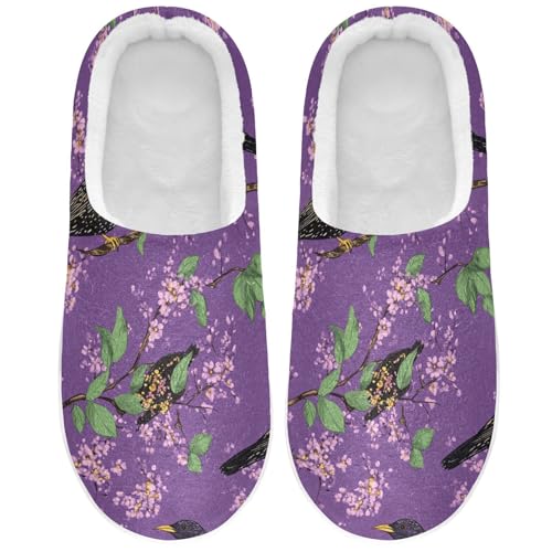 JUNZAN Cute Starling Birds Purple Womens Cotton House Slippers Non Slip Memory Foam Ladies Slippers for Hotel Birthday Presents 6-7