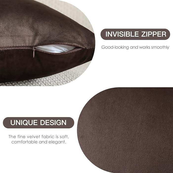 Image of Holland Velvet Rectangular Cushion Covers Pack of 4 | 17 inch x 27 inch / 43 x 69 cm, Coffee Brown | Soft Pillow Covers Cushion Case for Sofa Bedroom Chair Car, Home Decor
