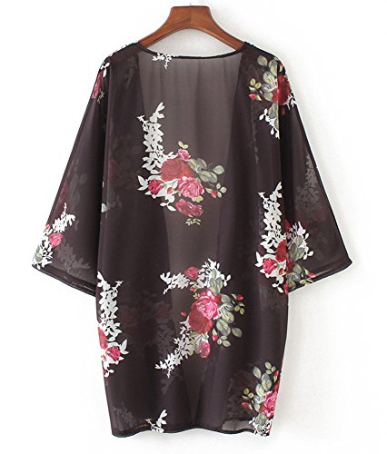 Camisunny Women Chiffon Printed Cardigan Kimono Robe Tops Beach Bikini Cover up Blouse (001-Black, Small) - Thumbnail 4