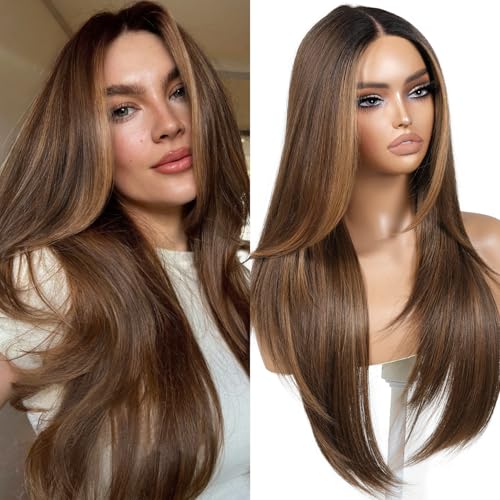 ENCOUNTERU Brown and Blonde Highlight Wear and Go Glueless Wig with Bangs Layered Pre Plucked Pre Cut HD Lace Front Synthetic Wigs for Women Ready to Wear Middle Part 26 Inch