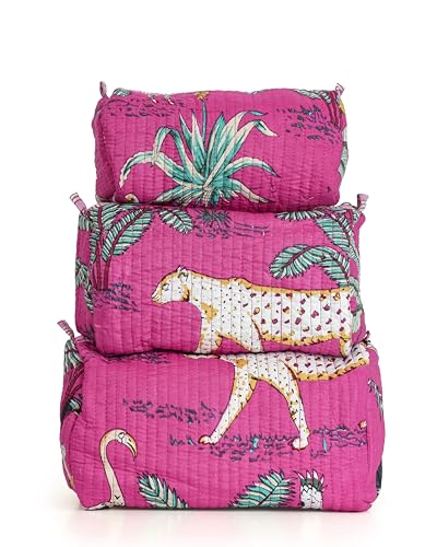 NIKAVIK Set of 3 Quilted Cotton Pouches | Travel Cosmetic Organizer Bags | Printed Zip Storage Pouch for Makeup, Toiletries, Accessories (Dark Pink)