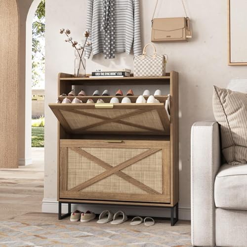 Image of The Artment your artistic apartment Raya Shoe Cabinet Modern Rattan & Wood Storage Organizer | Dual Flip-Drawers, Metal Base, Slim Entryway Shoe Rack for Hallway, Bedroom | 8-14 Pairs
