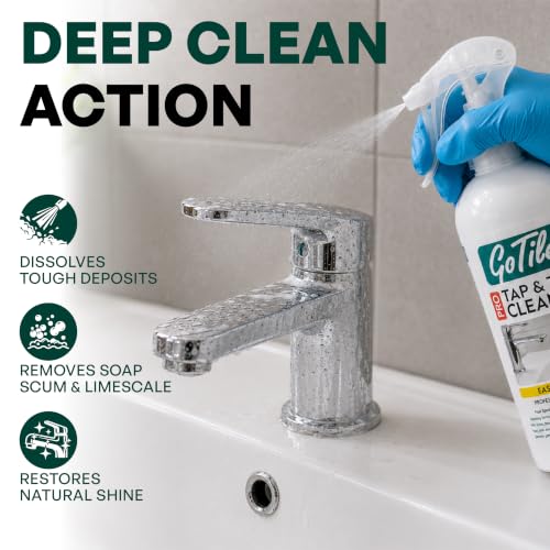 Image of GoTile Pro Tap & Tile Cleaner Spray 500 ml | Hard Water Stain & Limescale Remover | Bathroom Cleaner for Taps, Faucets, Showerheads, Tiles, Grout, Sinks & Bathtubs | Removes Soap Scum