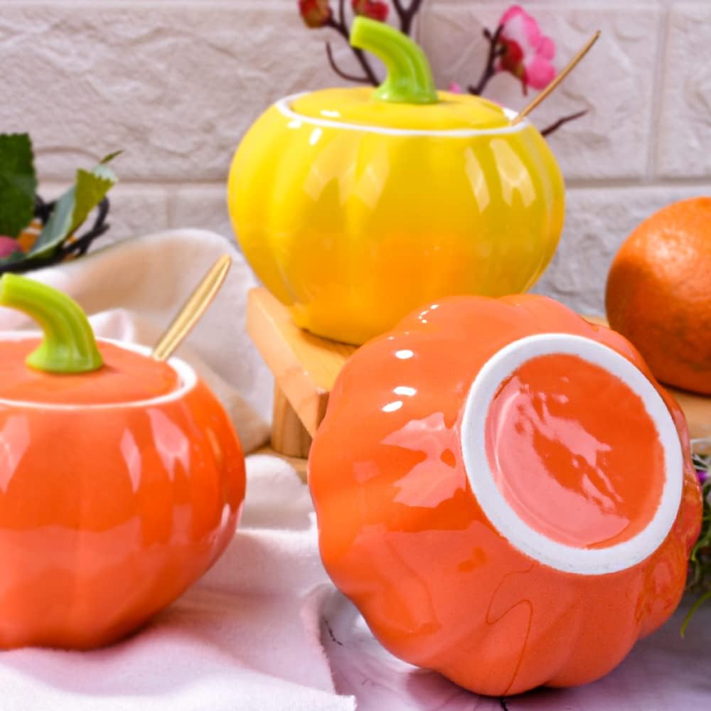 Ceramic Sugar Bowl with Lid and Spoon, 300 ML Pumpkin Shape Spirce Jar