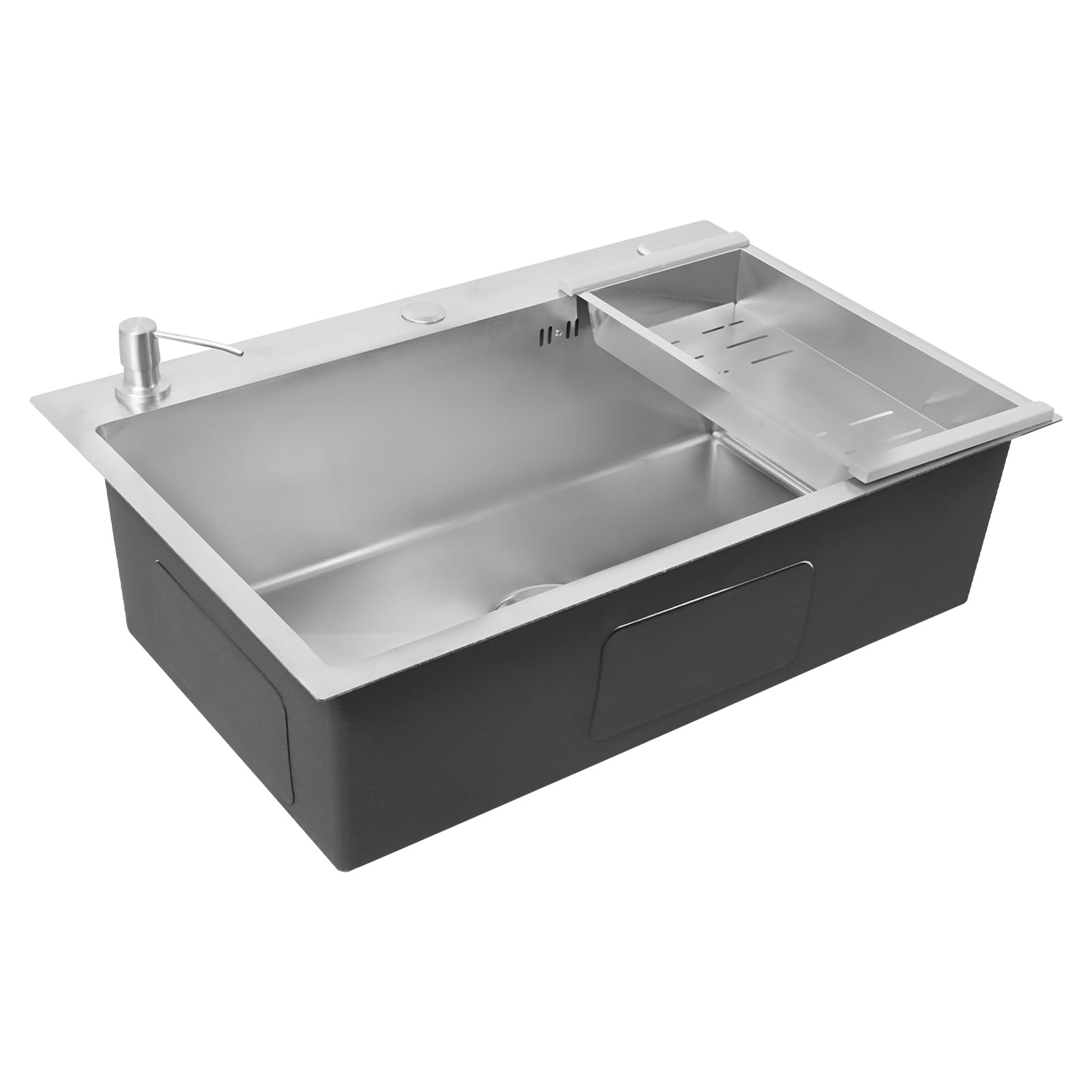 Einschalen Spülbecken Edelstahl +Seifenspender Abtropfkorb Küchenspüle 68 * 45CM mit Abtropffläche, Seifenspender, Unterbau - Silber