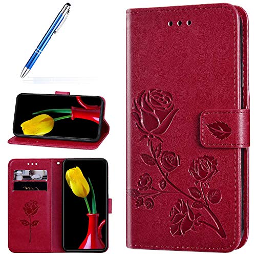 Robinsoni Case Compatible with Samsung Galaxy S10 Plus PU Leather Wallet Cover Retro Case Glossy Lavish Glitter Rose Printed Book Case TPU Silicone Inner Case Folio Flip Magnetic Flower Case Red