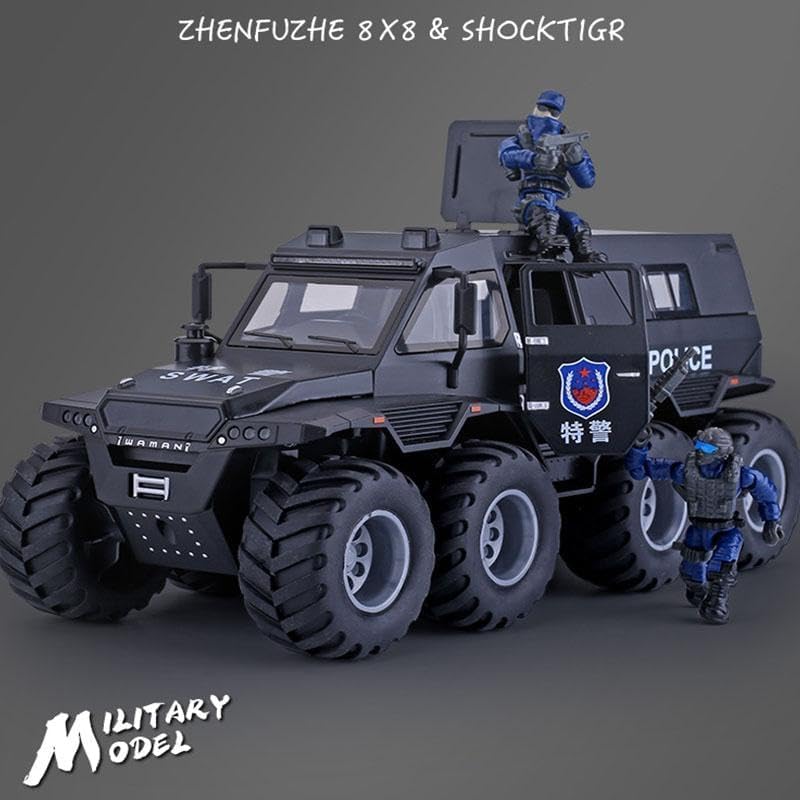 Image of 1:28 Scale Big Police Truck 8X8 Metal Diecast Toy Car for Kids with Openable Doors, Sound, Light Effects, Black
