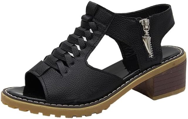 Libiyi Sandals Libiyi Women's Comfy Orthotic Sandals Libiyi Peep Toe Hollow Weave Fish Mouth Zipper Chunky Heel Sandals, 36 EU