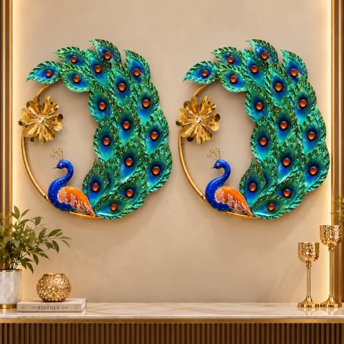 Image of SHREE 'O' GREEN TECH - Premium Handcrafted Round Peacock Metal Wall Hanging Showpiece Set of 2, Artistic Blue Green Bird Design with Gold Finish, Home Decor for Living Room, Hall & Bedroom
