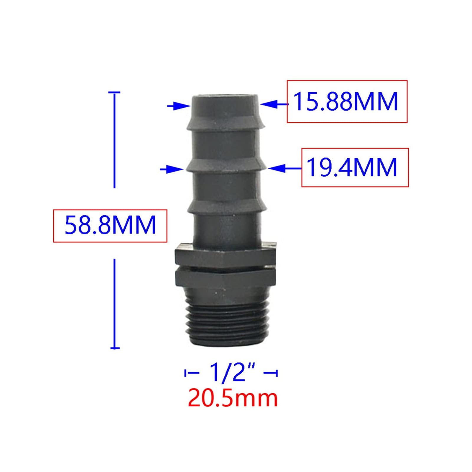 Adaptador de Conector de Manguera 50 16 Mm 20 Mm 25 Mm 32 Mm Conectores de Púas de Manguera de Pe con Roscaho Hembra de 1/2 3/4 1 Pulgada 1/2 3/4 1 "Conector de Púas de Manguera de Plástico/1I2 a 20Mm