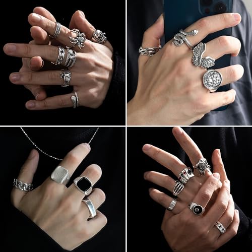 26 Pcs Vintage Silver Punk Rings Set for Men Cool Gothic Chunky Rings Statement Snake Wing Signet Ring Set3