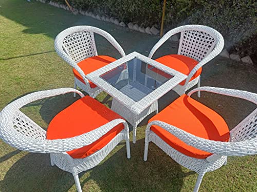 Image of Anaya Decor D-8 Chairs Table Set 4+1 Wicker Patio Furniture Sets 4 Chair and 1 Table with Cushions for Garden Balcony Bedroom Powder Coated Frame Uv Protected Wicker (Off White+Orange)