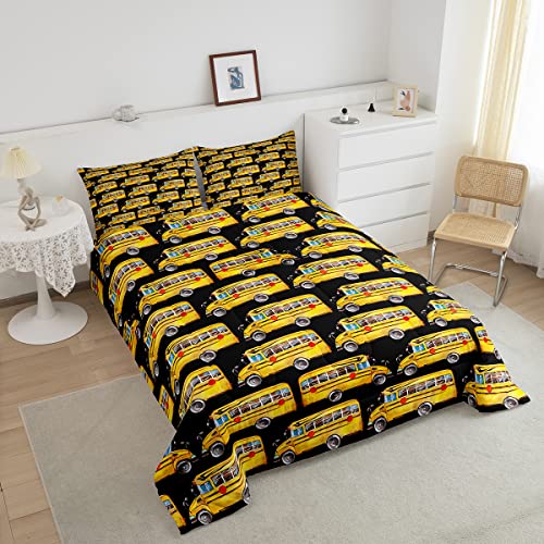 Erosebridal Yellow School Bus Bedding Set Vehicles Comforter Set Twin Size,Boys Cool Automobile Truck Transportation Duvet Insert For Kids Child Teens,Kids Car Theme Room Decor,Black #TOP2