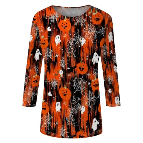 Image of Women Spooky Halloween Graphic Shirt 3 /4 Length Sleeve Crewneck Top | Halloween Funny Printed Pumpkin Plus Size Tshirts 2026 Fall Outfits Skeleton Tee Going Out Tops