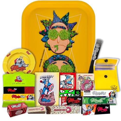 Monkey King Regalo para Fumadores Bandeja para Liar Oficial Rick and Morty, Accesorios Ceniceros, Papel de Fumar King Size, Filtros, Rollos, Pegatinas y Cartones