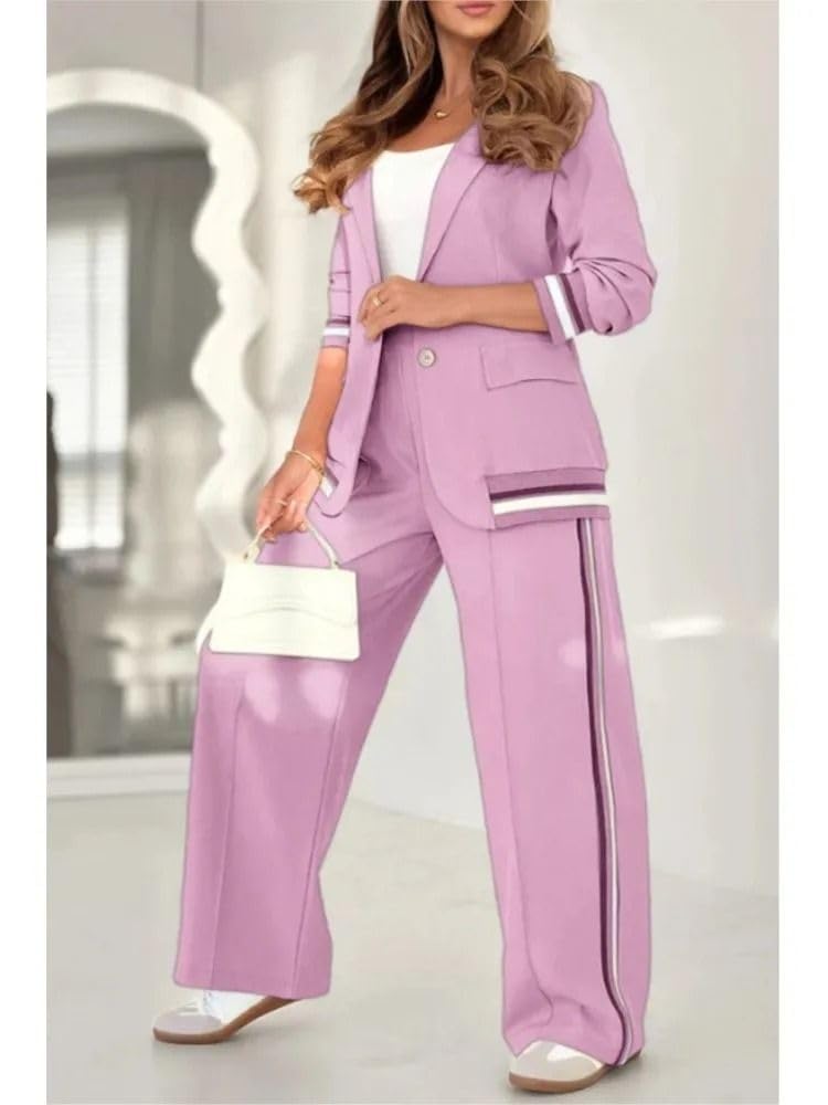 Conjunto de 2 Piezas para Mujer: Chaqueta y Pantalón Rayados con Parches, Atuendo Retro de Oficina