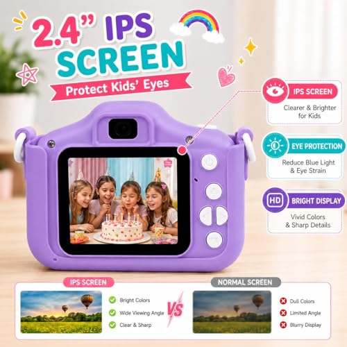 Image of Brand Conquer Kids Camera for Girls with Unicorn Design, HD Digital Camera for Children Age 3-10, Rechargeable Mini Toddler Camera with 2.4 inch IPS Screen, Selfie, Video Recording, Games & Strap (Purple)