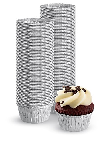 100 piece Aluminum Foil Muffin Cupcake Ramekin 4 oz Cups Disposable Accommodates hot or cold foods Top circle diameter is 3.2";Bottom circle diameter is 2.2";Height 1.7"