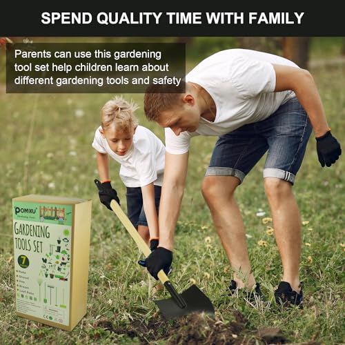 image for POMIKU Kids Garden Tools, Rake and Shovel Set, 7 Pieces Gardening Tool