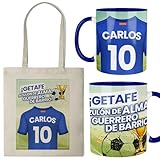 Kembilove® Taza + Bolsa Personalizada de Fútbol | Diseño Azulón “Getafe Guerrero de Barrio” con Nombre y Número | Regalo Original para Niños, Niñas y Adultos Aficionados al Fútbol