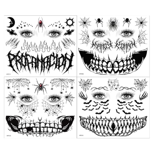 4 Folhas rosto de Halloween assustador tatuagens temporárias, terror Cosplay Prop, teia de aranha morcego bruxa zombie maquilhagem (B)