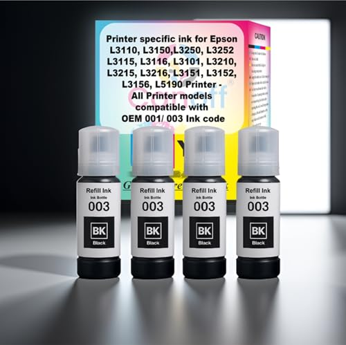 Image of CANOFF 003 Refill Ink Bottle Compatible for Epson L3110,L3150,L3250,L3252,L3115,L3116 Ink Tank Printers - High Yield,Long-Lasting,Easy to Refill Ink for Smooth Printing (003 Black Pack of 4pc.)