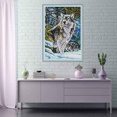 Cross Stitch Counted Kits Stamped Kit Cross-Stitching Pattern for Home Decor, 11CT Pre-Printed Fabric Embroidery Crafts Needlepoint Kit (Printed Kits,Leader Wolf)