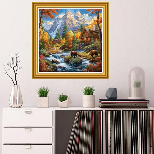 Image of Dooxvey Counted Cross Stitch Kits for Adults 11CT Printed Cross-Stitch Patterns Cross Stitching Embroidery Kit Stamped or Counted Needlepoint Kits-Forest Home Bear 18x18 inch