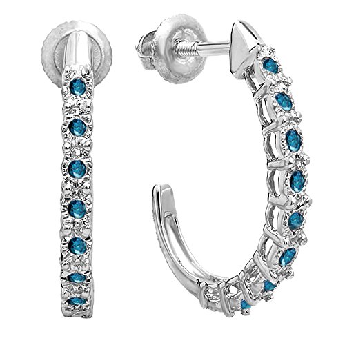 Dazzlingrock Collection 0.25 Carat (ctw) Round Blue Diamond Ladies Hoop Earrings 1/4 CT, Sterling Silver