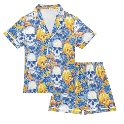 ALAZA Sugar Skull Blue Rose Flower Satin Pajamas Set Short Sleeve Button Down Sleepwear Summer Pjs 2 Piece