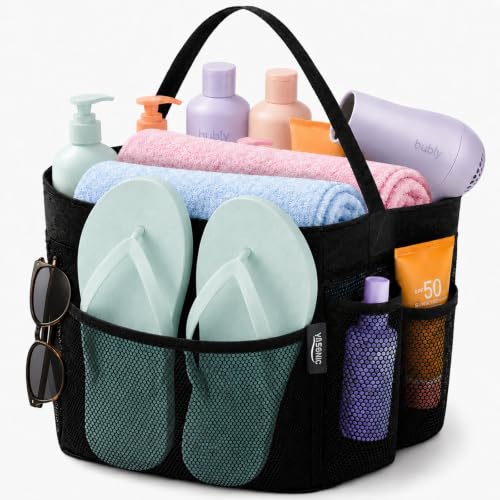 Mesh Shower Caddy Portable for Dorm College Room Essentials, 8-Pocket Large Shower Bag with Single Handles, Hanging Shower Basket for Beach, Swimming, Bathroom, Beach, Black
