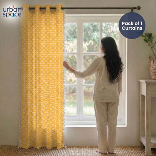 Image of Urban Space Boho Decorative Curtain for Window, 100% Cotton Curtain 5 Feet Long, 1 Piece Curtain with Tassels, 60-65% Room Darkening Curtain with Tieback and Eyelets (Yellow Star, 5 Feet)