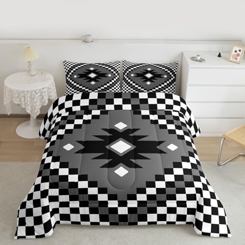 Image of Feelyou Aztec Bedding Set Soft for Boys Girls, Black White Checkered Comforter Set Full Size Boho Western Decor Duvet Quilt Microfiber Farmhouse Bedroom Decor 3 Pcs with 2 Pillow Cases