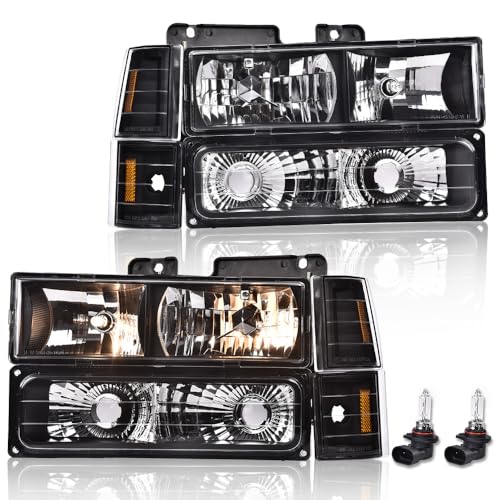 Image of GRAND ORANGE Headlights Assembly, Compatible with GMC Sierra C /K Yukon 1500 2500 1994 1995 1996 1997 1998 Fit Chevy C /K C10 Suburban Corner HeadLamp（Clear lens Black Housing Amber Reflector）