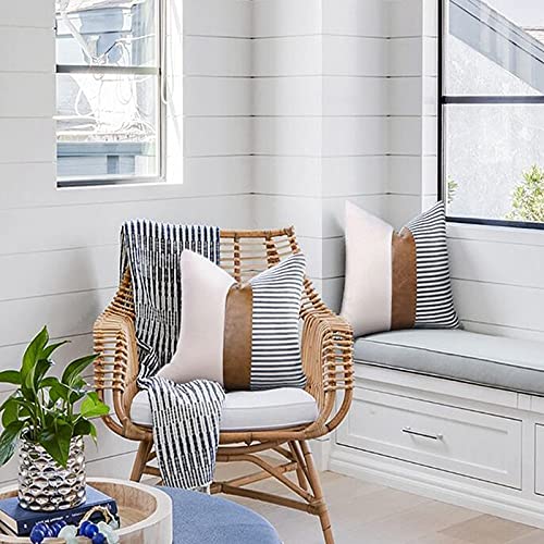 Shorping Farmhouse White And Navy Blue Stripe Patchwork Linen Throw Pillow Covers 20X20 Pillow Covers Set Of 2 Modern Cognac Brown Faux Leather Cushion Pillowcases For Couch Sofa Bed #TOP2