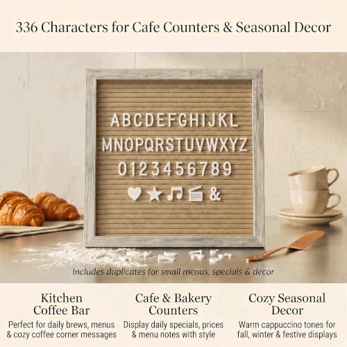 Image of Rustic Cappuccino Felt Letter Board 10x10 Inch with Stand and Wood Frame | 336 letters, numbers and symbols; changeable message board with wall mount for home notes, welcome messages and reminders