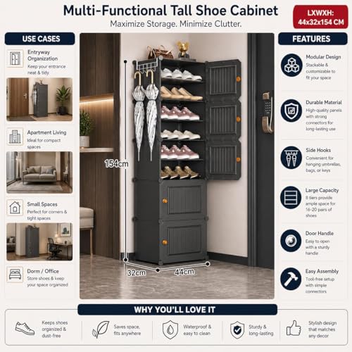 Image of Sunderlook Shoe Rack Plastic for Home- Shoe Stand, Chappal Stand, Professional Multipurpose Foldable Standing Comfort Runner Shoe Rack with Door, Slipper Stand (Grey, 10 Shelf 5 Door)
