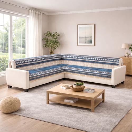 Image of Elegant Woven Turquoise Sofa Cover - Soft Chenille Traditional Pattern with Lace Style | L-Shape Sectional Seat Protector for Living Room | Durable & Stylish Slipcover 6 Seater L Shape